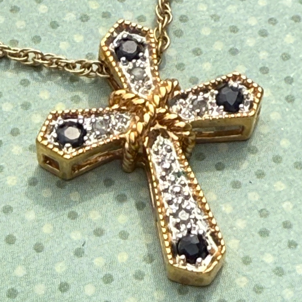 Gold and Silver Cross Pendant Necklace blue&diamond coloured stones costume